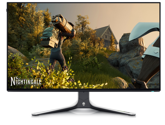 Front aspect of Dell Alienware AW2723DF Monitor showing Nightingale Game on the screen