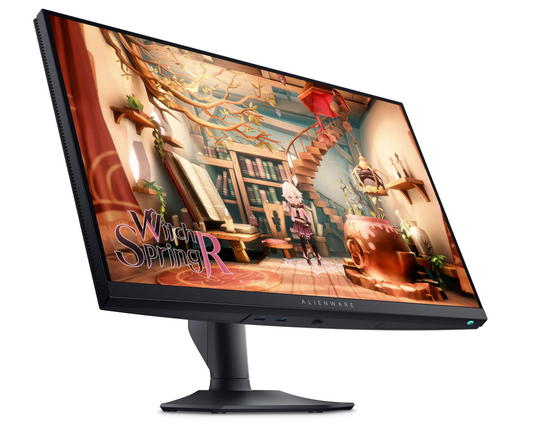 Angled front aspect of Dell Alienware AW2724DM 27 inch QHD Monitor showing WitchR Spring gameplay.