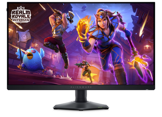 Front view of the Dell Alienware AW2724HF Gaming Monitor with Full HD Resolution at 360Hz showing Realm Royale Reforged Gameplay on the screen.