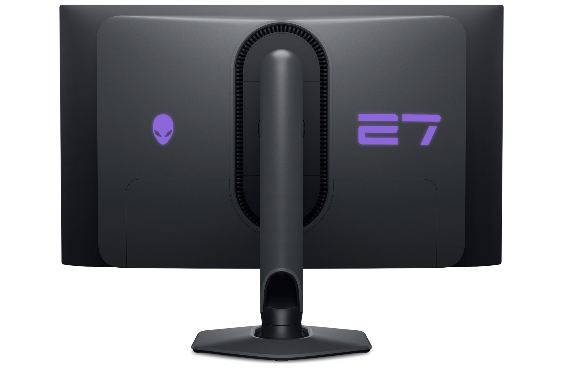 Rear aspect of Dell Alienware 360HZ AW2725DF Monitor showing Alienware logo and number 27 light in purple.