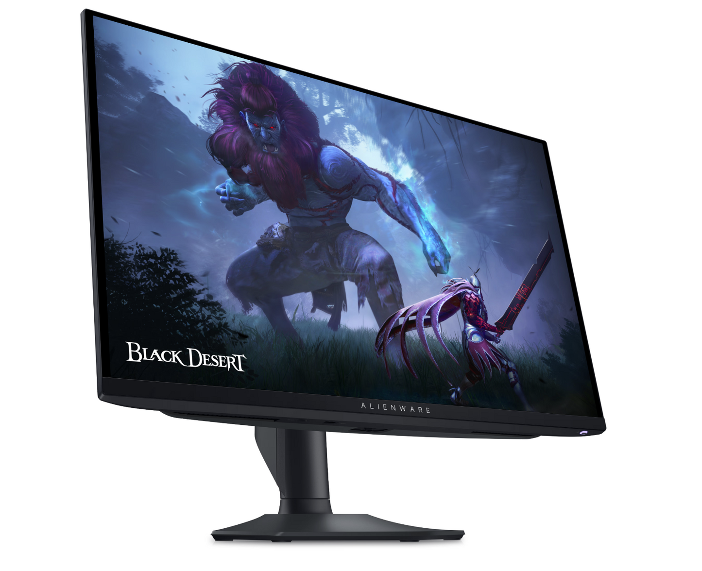 Angled front aspect of Dell Alienware 360HZ AW2725DF Monitor showing black desert game on screen.