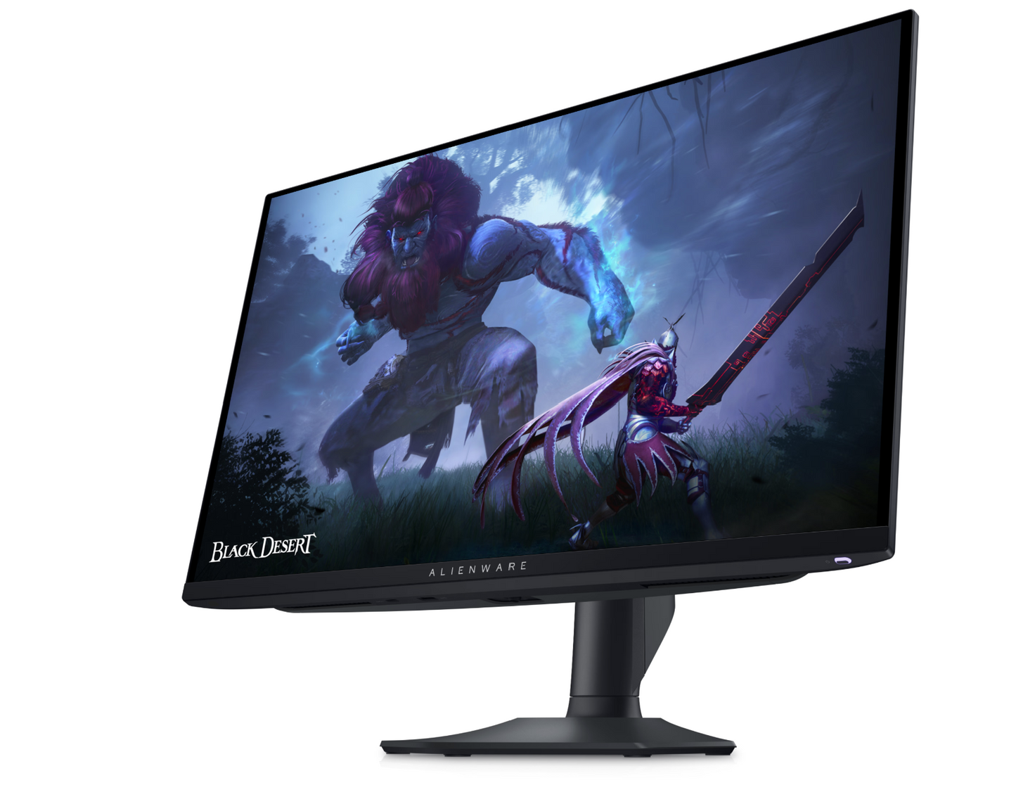 Angled front aspect of Dell Alienware 360HZ AW2725DF Monitor showing black desert game and power button light.