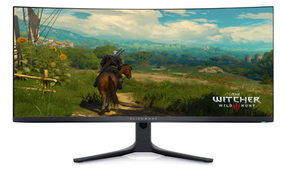 Direct front view of the Dell Alienware AW3423DWF a Curved 34 inch Gaming monitor with OLED screen and Quantum Dot Technology showing curvature of the screen and Destiny 2 Gameplay on the screen.