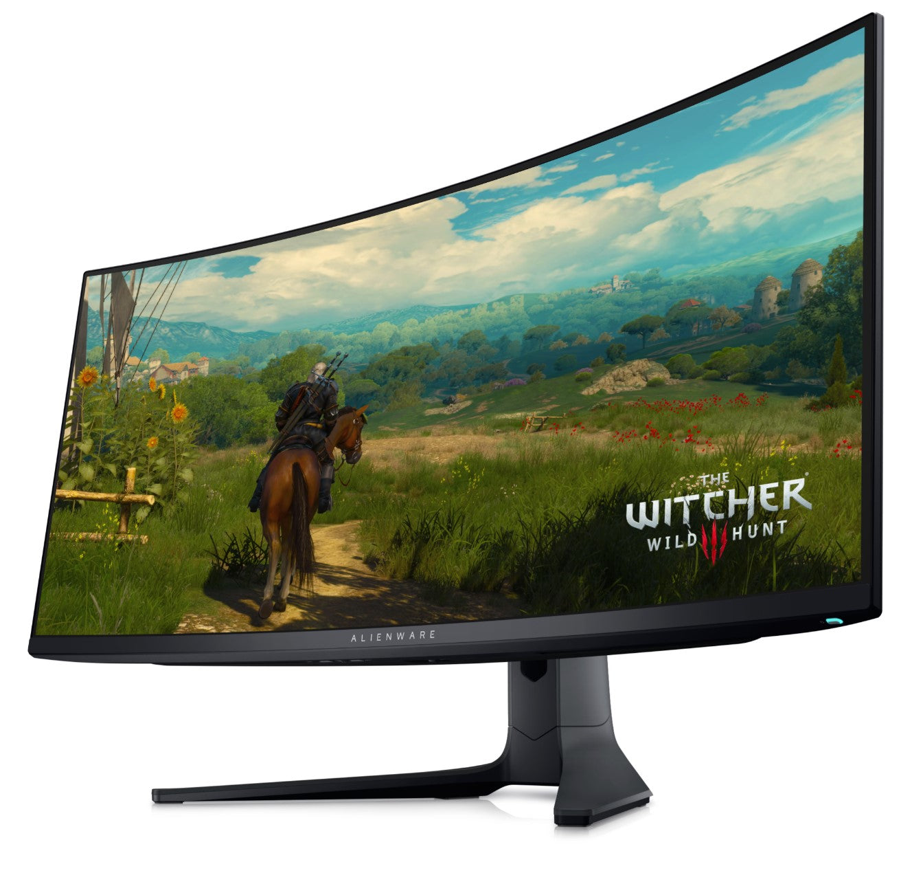 Angled front view of the Dell Alienware AW3423DWF a Curved 34 inch Gaming monitor with OLED screen and Quantum Dot Technology showing curvature of the screen and The Witcher Wild Hunt Gameplay on the screen.