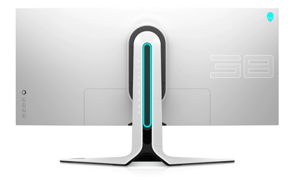 Rear view of the Dell Alienware AW3821DW A curved 38 inch WQHD Gaming Monito Showing AlienFX lighting system on alienware logo and stand a Large number 38 is outlined in white on the right hand side and the back plastics are in Dell's "Lunar Light" Colour scheme.