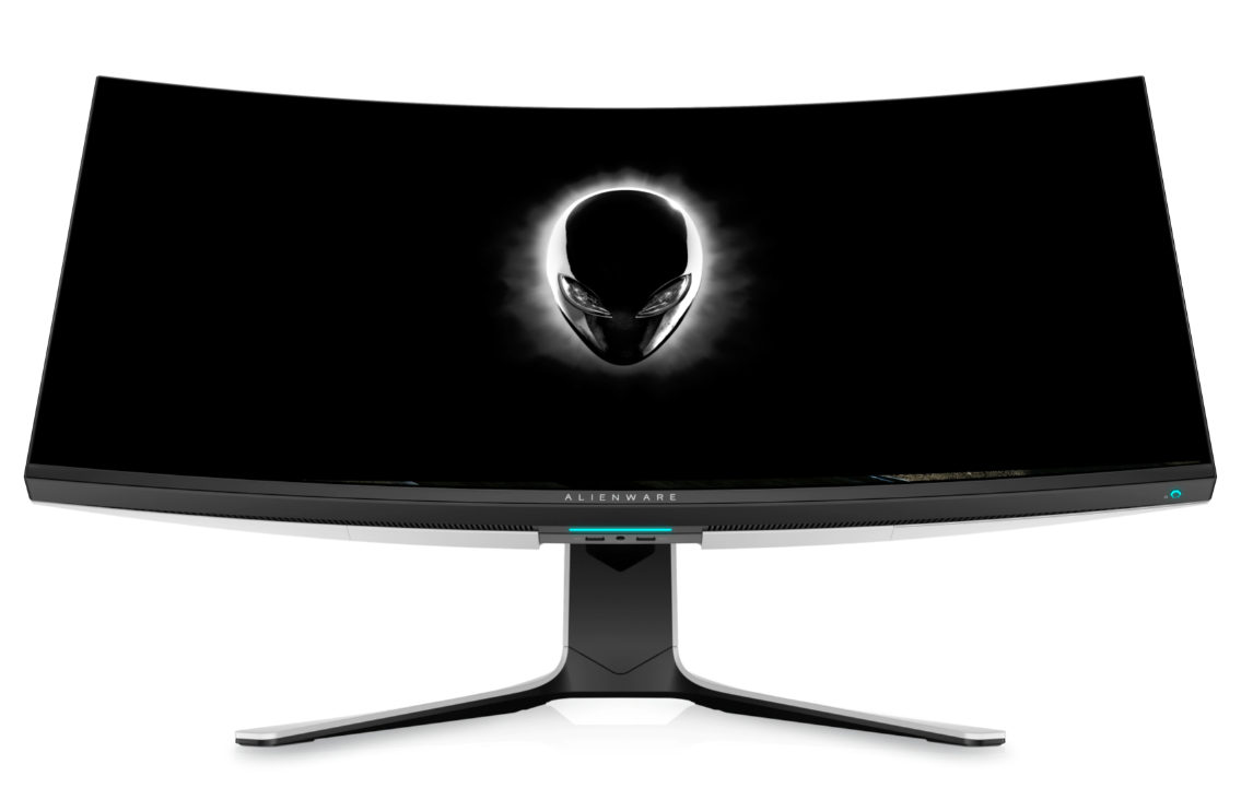 Front view of the Dell Alienware AW3821DW A curved 38 inch WQHD Gaming Monitor with AlienFX lighting system.Showing Large Alienware Logo on the Display in Black and white.