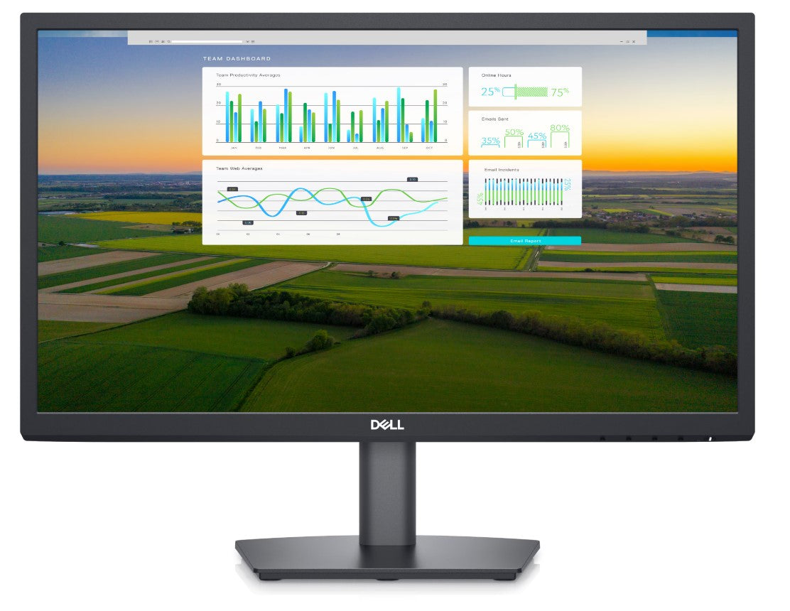 Front of the Dell E2222H A 22 Inch Full HD Monitor from the Dell Economy series showing various graphs and charts being used on the screen.