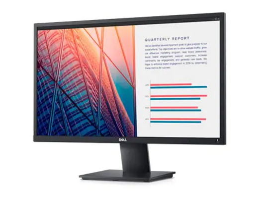 Front of the Dell E2420H a 24 inch monitor from the Dell Economy series screen shows an image pf a quarterly report with a bar chart below.