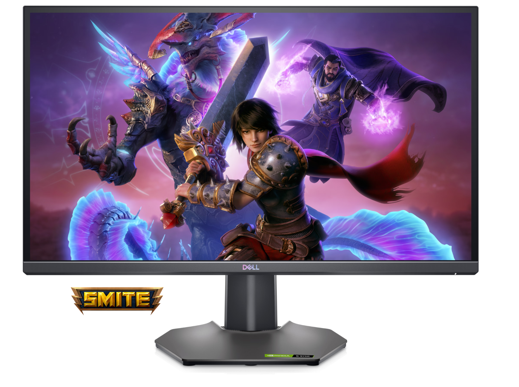 Front view of the Dell Gaming G2723H a 27inch Full HD adaptive sync monitor with Smite Gameplay showing on the display with iridescent Dell logo on lower screen surround.