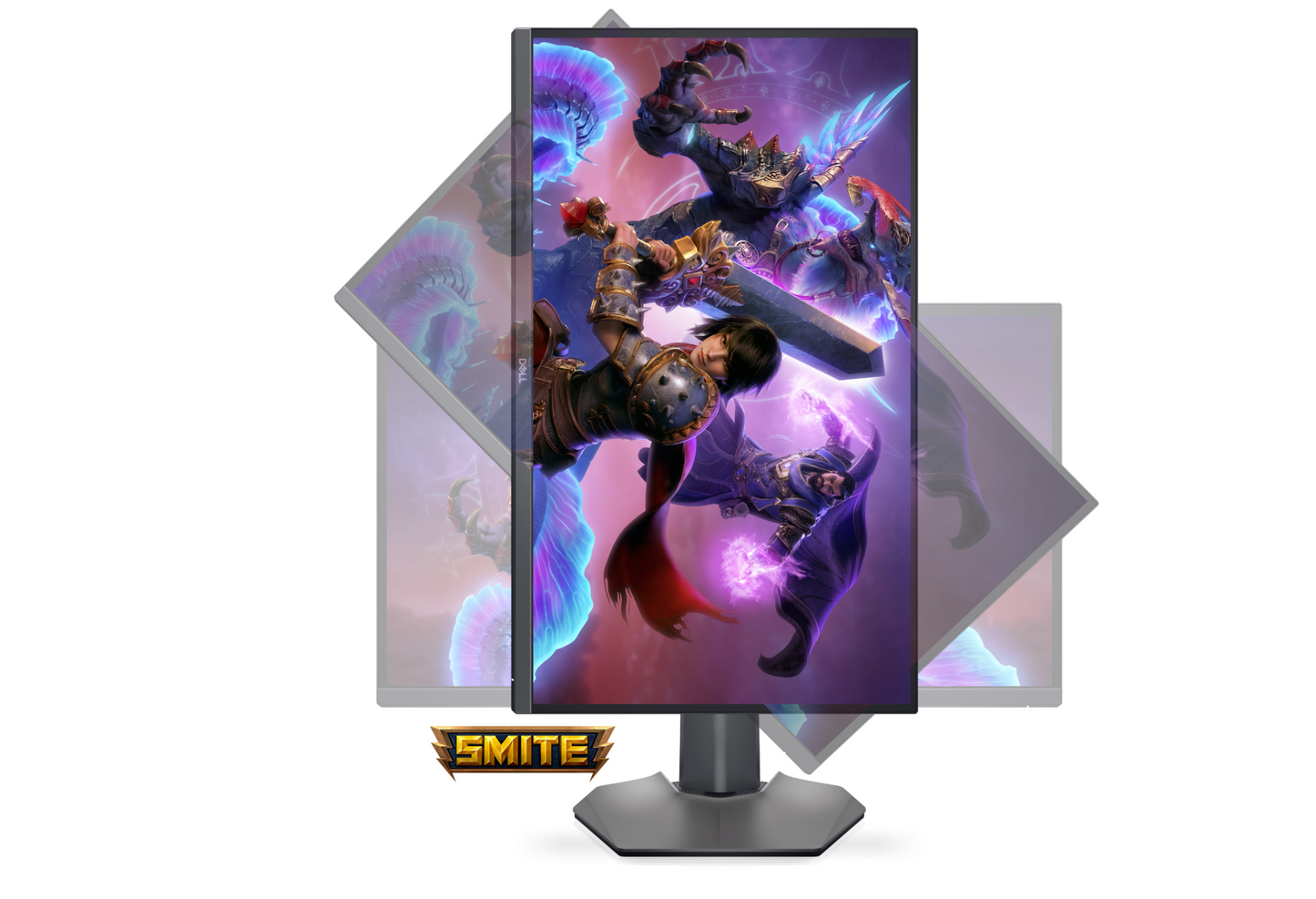 Front view of the Dell Gaming G2723H a 27inch Full HD adaptive sync monitor with Smite Gameplay showing on the display and demonstrating Rotation adjustability options.