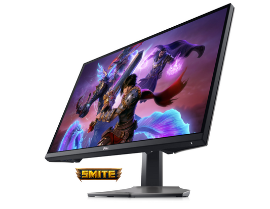 Tilted front view of the Dell Gaming G2723H a 27inch Full HD adaptive sync monitor with Smite Gameplay showing on the display.