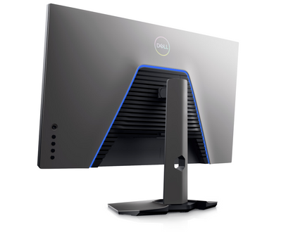 Back of a Dell G3223Q 32 inch 4K UHD Gaming monitor showing iridescent Dell logo and backlight system.