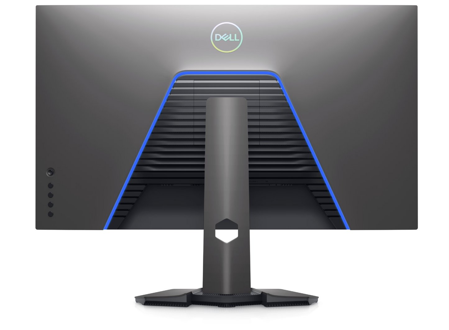 Back of a Dell G3223Q 32 inch 4K UHD Gaming monitor showing iridescent Dell logo and backlight system, four busttons and a joystick to the left hand side.