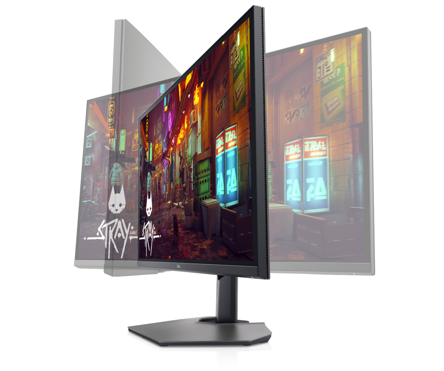 Front view of a Dell G3223Q 32 inch 4K UHD Gaming monitor showing stray gameplay on the display and swivel adjustability options.