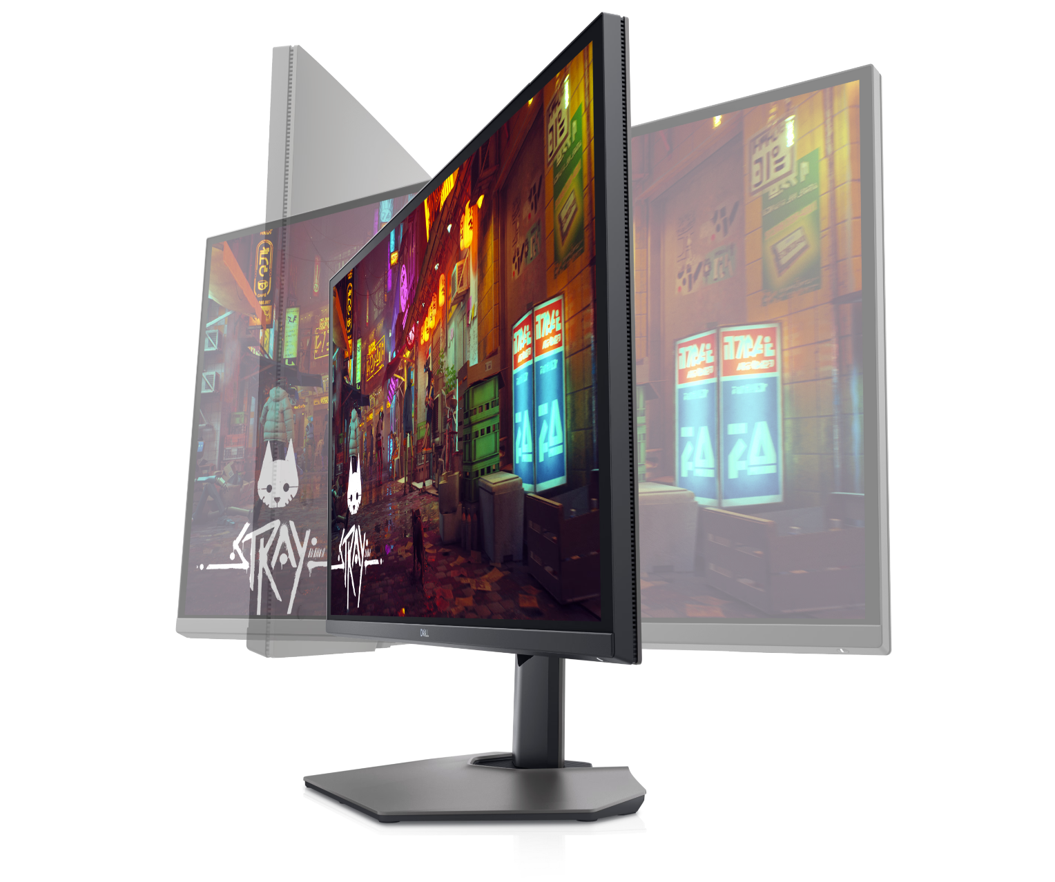 Front view of a Dell G3223Q 32 inch 4K UHD Gaming monitor showing stray gameplay on the display and swivel adjustability options.