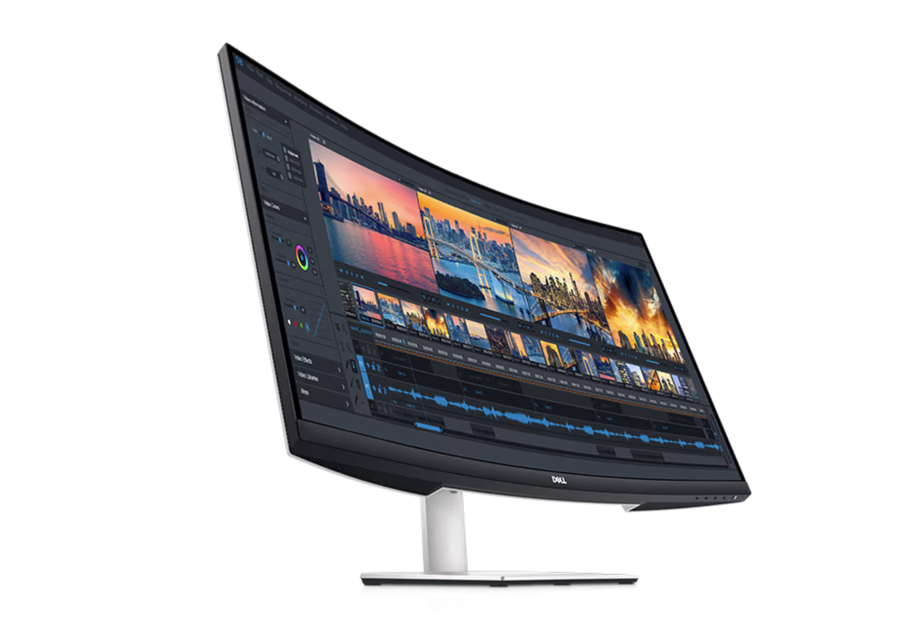 Angled front view of the Dell S3221QSA 32 inch curved 4K monitor. The screen shows Final Cut pro video editing software in use. the screen is angled up so that the stereo 5Watt speakers can be viewed along the lower edge of the screen.