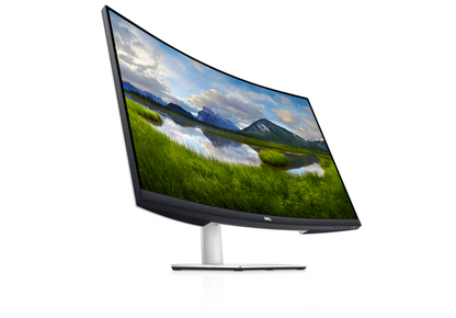 Angled front view of the Dell S3221QSA 32 inch curved 4K monitor. The screen shows a high definition image of a landscape. The screen is angled up so that the stereo 5Watt speakers can be viewed along the lower edge of the screen.