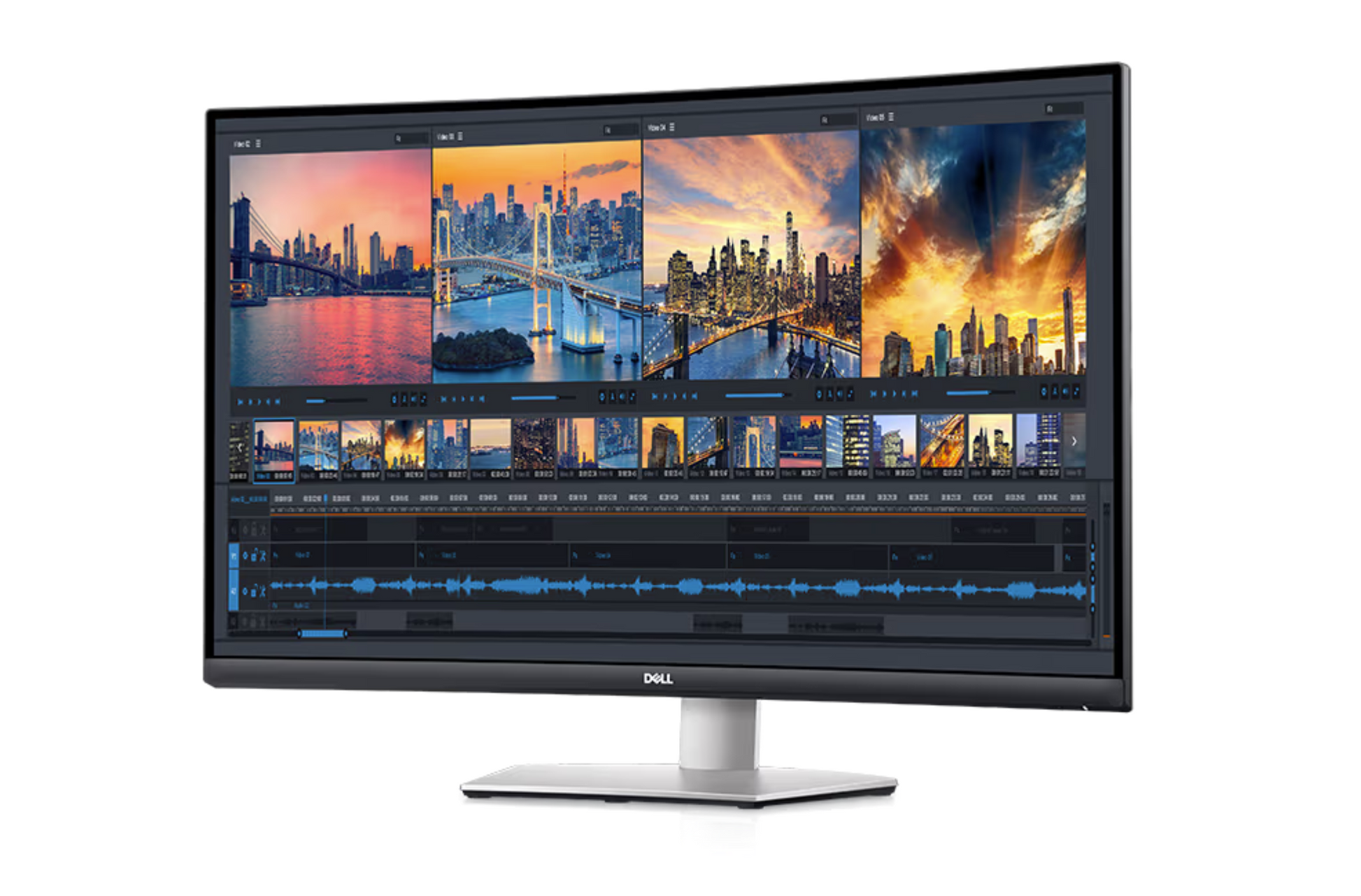 Front of the Dell S3221QSA 32 inch curved 4K monitor the screen shows Final Cut pro video editing software in use.