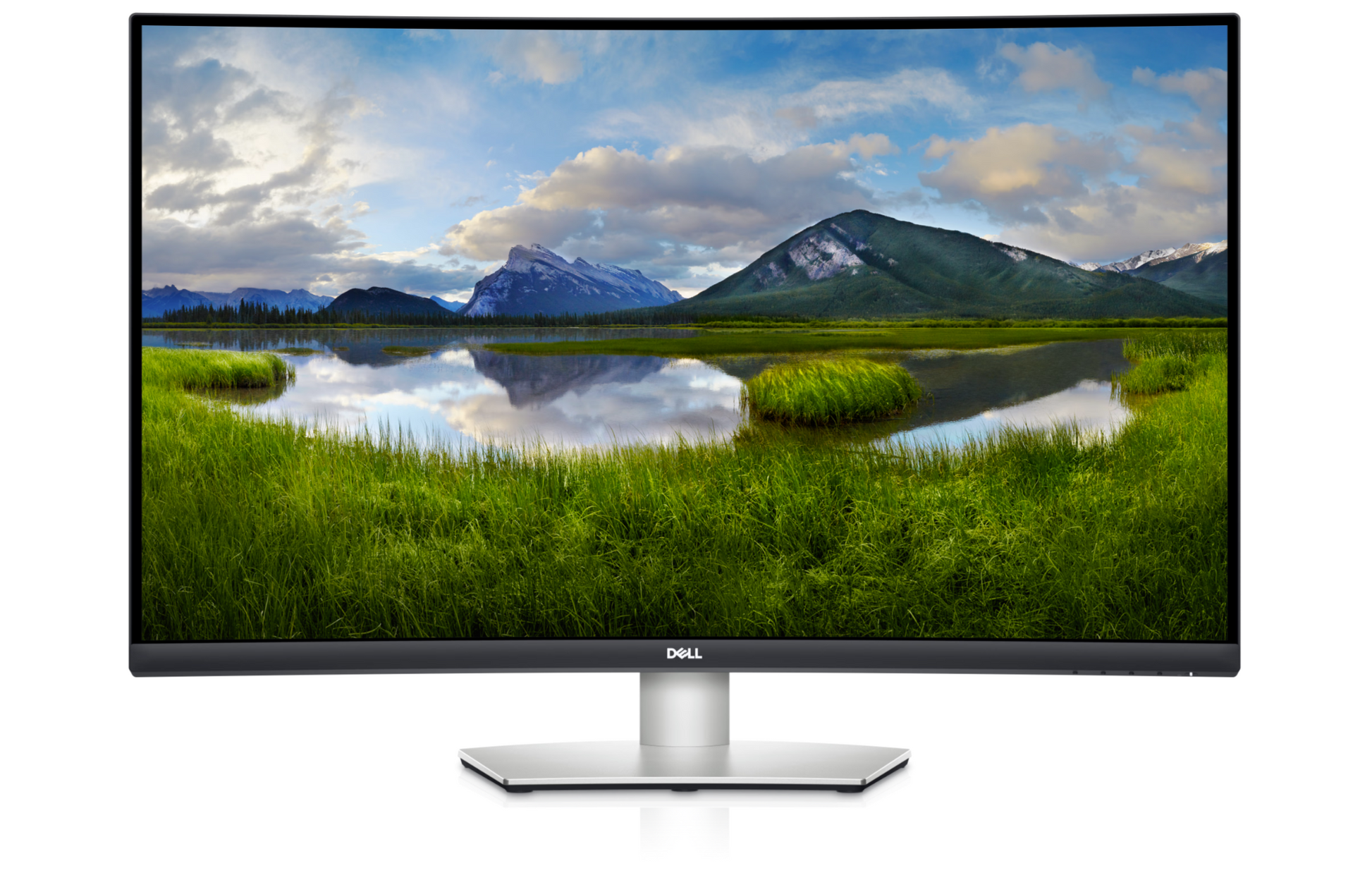 Front of the Dell S3221QSA screen with AMD Freesync and built in speakers. The screen shows a high definition image of a landscape.