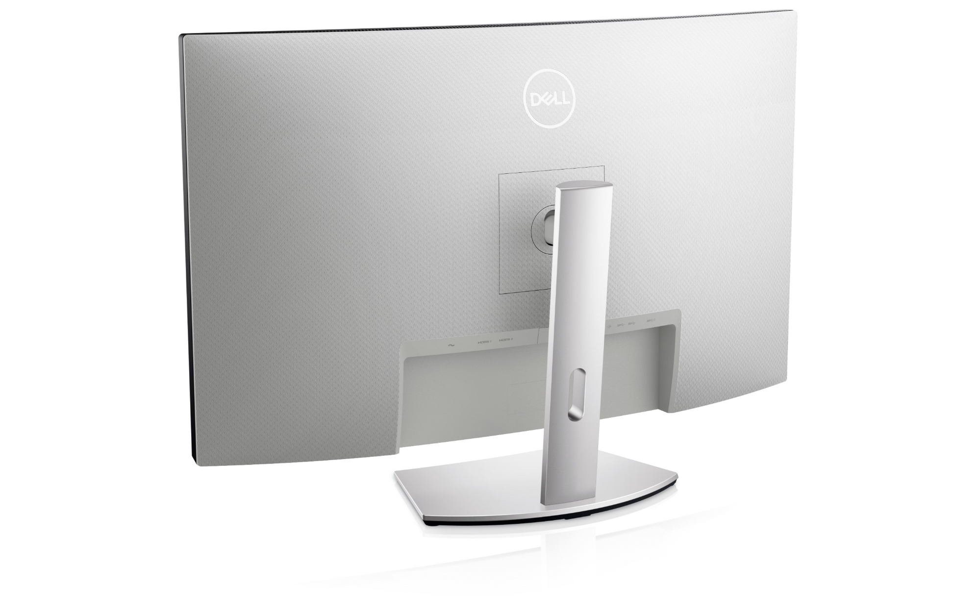 Back of the S3221QSA Monitor The back plastics have a textured effect and are white in colour. The stand is in a platinum silver colour and has Height and tilt adjustability and cable management features.