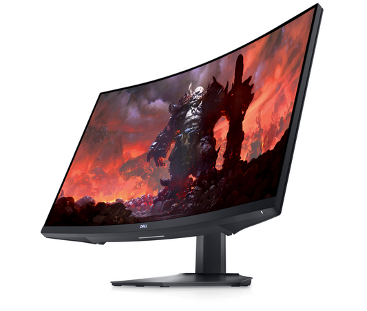 Angled front view of the Dell S3222DGM a curved 32 inch QHD Gaming Monitor. The screen shows Spellforce 3: Fallen god Gameplay.