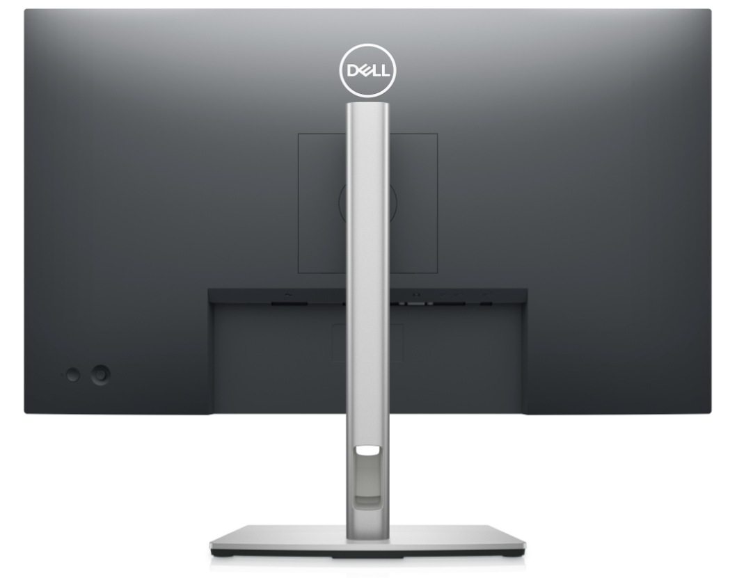 Back of the Dell Professional series P2722HE a 27 Inch USB-C hub monitor designed for the workplace. The back plastics are black and the stand has a slim profile and cable management. The stand is Silver in colour.