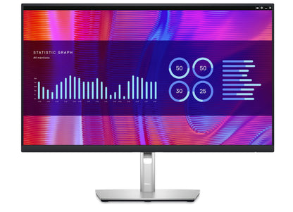 Front of the Dell P2723DE Professional Series Monitor a 27 inch QHD USB-C hub Monitor for work. The image on the screen is a statistical Graph.