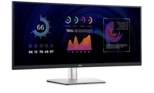 Front of the Dell P3424WE monitor a 34 inch curved WQHD screen with a USB-C hub.