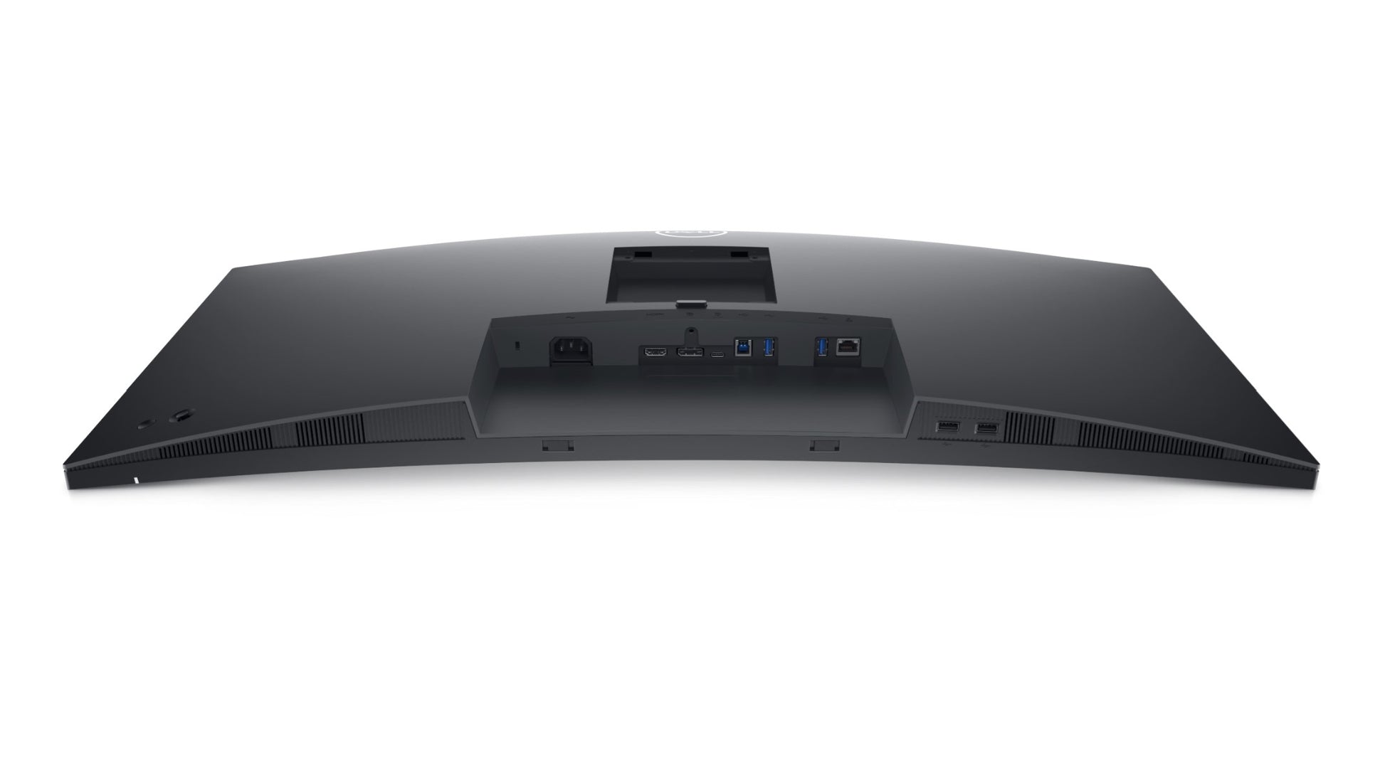 The P3424WE Monitor is lying with the screen face down, the curvature of the screen is visible and the various connectivity options available can be seen.