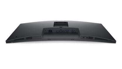 The P3424WE Monitor is lying with the screen face down, the curvature of the screen is visible and the various connectivity options available can be seen.