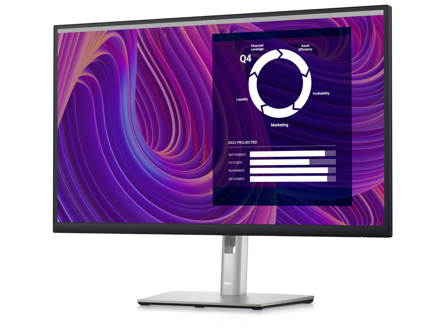 An angled front aspect of the Dell P2723D a 27 inch QHD Monitor.