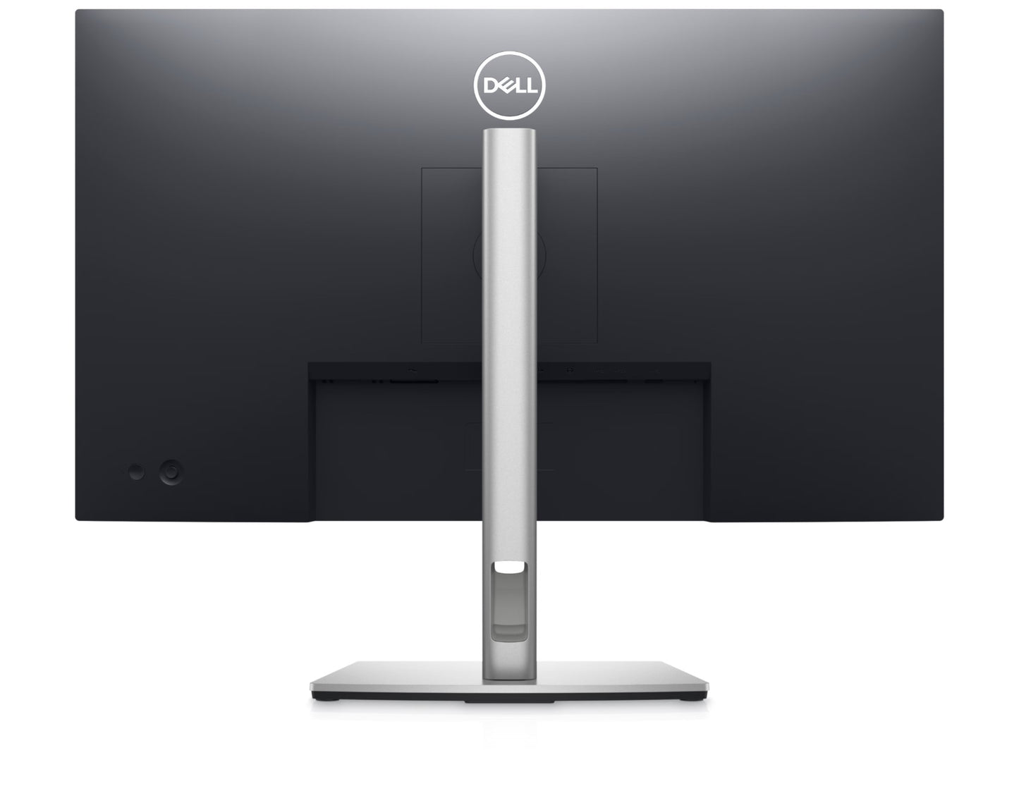 The Back of the Dell P2723D a 27 inch QHD monitor for business use. The back plastics are bblack and the stand has a slim profile and is silver in colour.