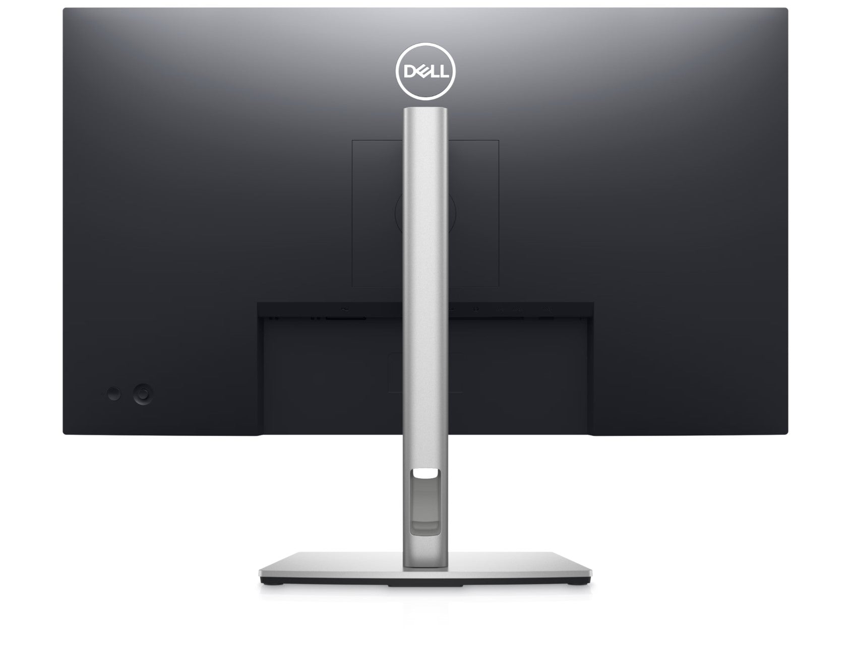 The Back of the Dell P2723D a 27 inch QHD monitor for business use. The back plastics are bblack and the stand has a slim profile and is silver in colour.