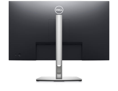 The Back of the Dell P2723D a 27 inch QHD monitor for business use. The back plastics are bblack and the stand has a slim profile and is silver in colour.