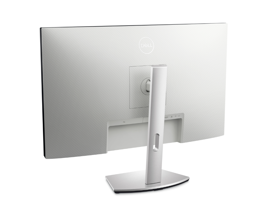 Back of The Dell S2722DC. The Back plastics have a textured effect and are white in colour. The stand has height, rotation, swivel and tilt adjustability and a cable management feature and is in a platinum silver colour.