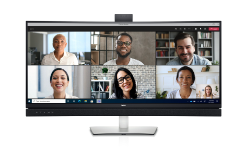 Front aspect of the Dell C3422WE 34 inch Monitor showing people using microsoft teams on the screen. The monitor also has a pop up camera and built in speakers.